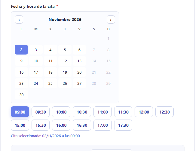 Calendario de noviembre con los días disponibles y los horarios libres