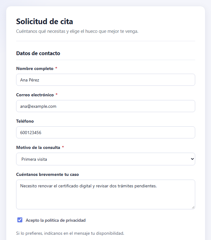 Formulario público de solicitud de cita con los datos de contacto rellenados